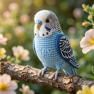 May include: A handcrafted crochet budgerigar figurine featuring a light blue body, a white head with black horizontal stripes, and a yellow beak. The bird has dark eyes, a small blue cere, and is perched on a textured brown tree branch.