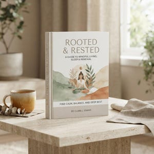 Könnte beinhalten: Ein gebundenes Buch mit dem Titel Rooted & Rested: A Guide to Mindful Living, Sleep & Renewal von Clara J. Evans. Das Cover zeigt eine Aquarellillustration einer meditierenden Person, umgeben von grünen und terrakottafarbenen Formen.