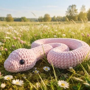 Puede incluir: Un juguete de peluche de serpiente tejido a ganchillo en color rosa claro con una superficie texturizada de hilo y un solo ojo de plástico oscuro y redondo visible. La serpiente está enroscada en forma circular sobre hierba verde con flores blancas.