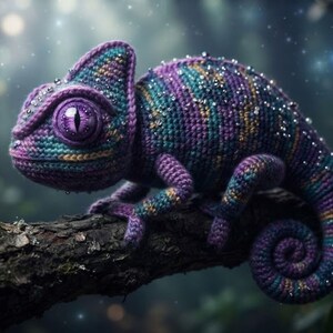 May include: A crocheted chameleon figurine featuring a variegated yarn pattern in shades of purple, teal, and gold. The creature has a large, prominent purple eye with a vertical pupil and is adorned with small, clear, reflective bead accents.
