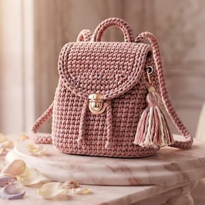 May include: A dusty rose crochet backpack featuring a structured flap with a gold-toned metal push-lock closure, a top handle, and two shoulder straps. A decorative tassel made of matching pink and cream yarn hangs from the side of the bag.