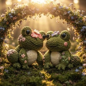 May include: Two green crocheted frog plushies with large black eyes and cream-colored bellies. Each frog features small embroidered pink and white flowers on their heads and bodies. The frogs are positioned side by side in a natural setting.