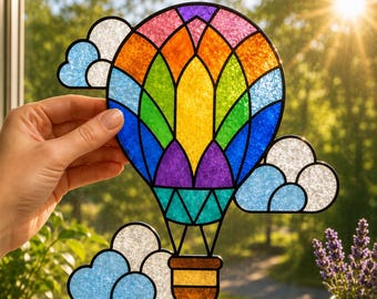 Pobierz cyfrowy wzór witrażu, łapacz słońca z balonu na ogrzane powietrze, szablon DIY, rękodzieło, wzór do cięcia szkła, projekt artystyczny, wystrój domu, wiszący