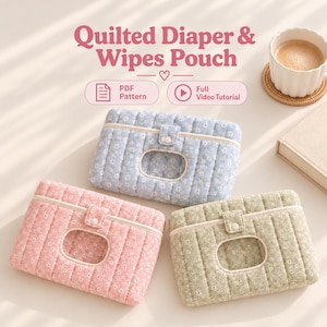Puede incluir: Tres estuches acolchados rectangulares para pañales y toallitas, con un estampado floral en azul, rosa y verde. Cada estuche tiene una ventana transparente central, un cierre de botón a presión y costuras verticales. Texto: Quilted Diaper & Wipes Pouch.