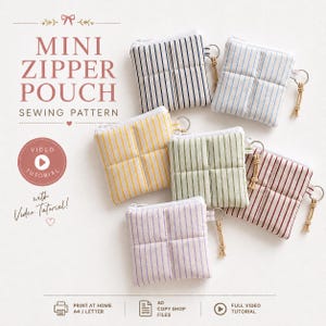 May include: Six square fabric zipper pouches in various striped colors including navy, light blue, yellow, green, red, and lavender. Each pouch features a small metal zipper with a beige cord pull. Text reads MINI ZIPPER POUCH SEWING PATTERN.