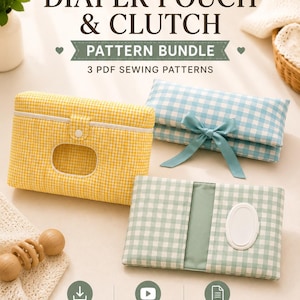 Könnte beinhalten: Ein digitales Schnittmuster-Set für Windeltaschen und Clutches, bestehend aus drei Nähvorlagen. Das Bild zeigt eine gelbe Vichy-Karo-Tasche mit Druckknopf, eine blaue Clutch mit Schleife und ein grünes Etui mit integriertem Feuchttuchspender.