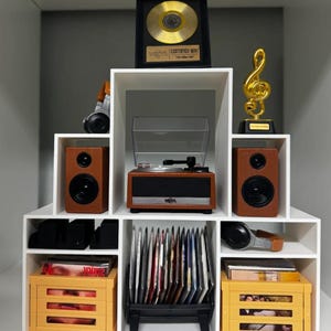 May include: A white tiered shelving unit containing a brown record player, two brown speakers, a gold record award labeled "Certified Mini Hit After Hit," a gold treble clef trophy, two yellow crates holding vinyl records, and headphones.