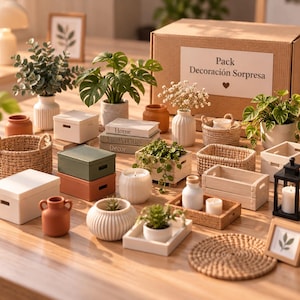 Puede incluir: Una colección de artículos de decoración en miniatura que incluye pequeñas plantas en macetas, cestas tejidas, jarrones de cerámica, cajas de madera, cajas de almacenamiento con tapa, velas y un farol negro. Incluye una caja con el texto Pack Decoración Sorpresa.
