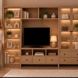 Puede incluir: Un mueble de televisión de madera clara con estanterías integradas, un televisor central y un armario con puertas de cristal. La unidad cuenta con iluminación interior, varios cajones y objetos decorativos como plantas, libros y bolsos.