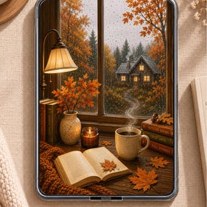 Op de afbeelding: Een digitale tablet met een illustratie van een gezellig houten bureau bij een raam op een regenachtige herfstdag. De afbeelding toont een open boek, een dampende mok, een brandende kaars en boeken met de titels Autumn Poems, Crisp Days, Fall Stories.