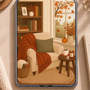 May include: A digital illustration on a tablet screen depicting a cozy reading nook with a cream-colored armchair, a burnt orange knit throw blanket, a dark green pillow, a wooden side table with a mug and candle, and a bookshelf filled with books.