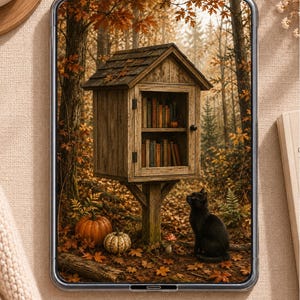 Pode incluir: Um tablet digital exibindo a ilustração de uma caixa de biblioteca de madeira cheia de livros, situada em uma floresta de outono com folhas laranja, abóboras e um gato preto sentado no chão olhando para a estrutura.