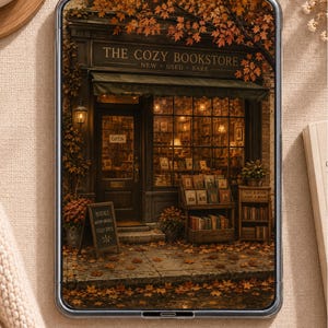 May include: A digital tablet displaying an illustration of a bookstore storefront titled THE COZY BOOKSTORE NEW USED RARE. The scene features autumn leaves, a wooden sign reading BOOKS WARM DRINKS COZY DAYS, and shelves filled with books.