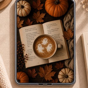 May include: A digital tablet displaying an image of an open book with printed text, a ceramic mug filled with coffee featuring three ghost-shaped foam art designs, scattered orange maple leaves, two small pumpkins, and a textured beige knit fabric.