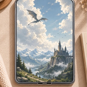 May include: A rectangular digital tablet displaying a fantasy landscape illustration featuring a large stone castle perched on a cliffside, a flying dragon in a cloudy blue sky, snow-capped mountain peaks, and a lush green valley with a river.
