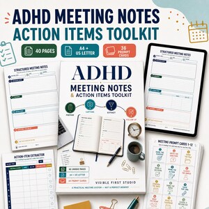 ADHD Meeting Notes Toolkit, Action Items Planner, Decision Log (Printable PDF)