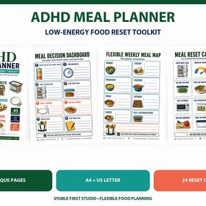 May include: A digital ADHD meal planner toolkit with four pages displayed: a cover page, a meal decision dashboard, a flexible weekly meal map, and meal reset cards. The pages feature colorful illustrations, text, and charts for food planning.
