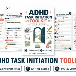 Peut inclure: Un kit d'outils numérique ADHD Task Initiation comprenant 32 pages imprimables aux formats A4 et US Letter. La couverture affiche le titre, un crayon, une porte et un dossier. Les pages incluent un One Stuck Task Snapshot, Find the First Physical Action, Task Breakdown Ladder et des Cut-Out Task Starter Cards.