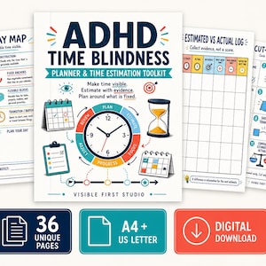 Può includere: Un kit digitale di pianificazione e stima del tempo per ADHD con 36 pagine uniche in formato A4 e US Letter. Il set include una mappa visiva della giornata, un registro di stima e schede temporali ritagliabili con icone colorate e testo.