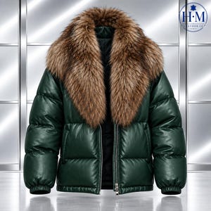 Oversized Leather Puffer Jacket with Faux Fur Collar