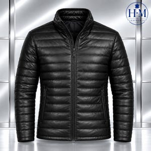 Men’s Handmade Genuine Leather Puffer Jacket Quilted Lightweight Zip Front Outerwear Coat