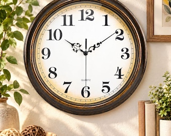 Vintage Wall Clock, Silent Non Ticking Retro Bronze Clock, Battery Operated Wall Decor for Living Room Kitchen Office