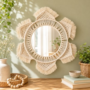 May include: A circular wall mirror framed by intricate off-white macrame cord woven into a six-pointed star shape. The design features detailed knot work and long, straight fringe edges surrounding the central glass mirror surface.