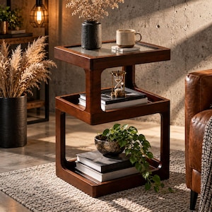 May include: A three-tiered dark wood side table with a square frame. The top surface features a glass inlay, the middle shelf holds books and a gold hourglass, and the bottom shelf displays a potted green plant and stacked books.