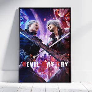 May include: A framed vertical poster featuring two silver-haired characters facing each other with swords drawn. The background displays vibrant purple and red energy effects. The text "DEVIL MAY CRY" is printed in white at the bottom center.