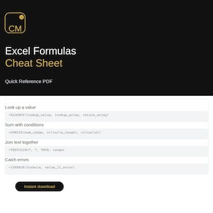 May include: An Excel Formulas Cheat Sheet digital document featuring a black header with gold text reading CM, Excel Formulas Cheat Sheet, and Quick Reference PDF. Below, a white section lists formulas: XLOOKUP, SUMIFS, TEXTJOIN, and IFERROR.