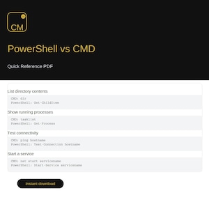 Op de afbeelding: Een digitale referentiegids getiteld PowerShell vs CMD Quick Reference PDF. Het heeft een zwarte achtergrond met gouden tekst en een tabel die opdrachten vergelijkt voor het weergeven van mapinhoud, actieve processen en het testen van connectiviteit.