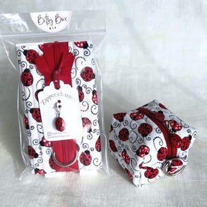 May include: A Bitsy Box Kit with a ladybug theme. The kit includes a zippered pouch and a small square pouch, both with a white background and red ladybug pattern. A red zipper and ladybug charm are visible.
