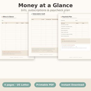 以下が含まれることがあります： Money at a Glance, bills, subscriptions & paycheck planというタイトルの印刷可能な財務計画ページ3枚セット。各ページには、請求書の追跡、サブスクリプションの監査、給与計画のための表が含まれており、ベージュのアクセントと明確なテキストで構成されています。