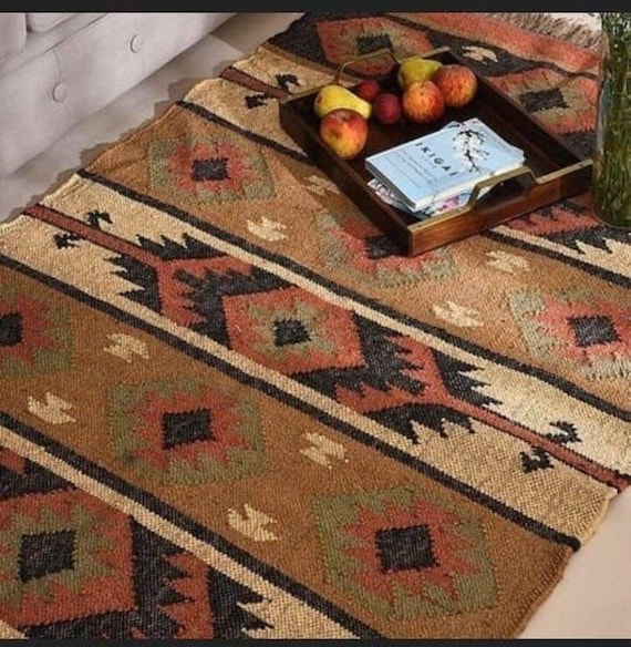 Handwoven Navajo Kilim Rug, 5x7 Ft Bohemian Rug, Aztec Rug, Turkish Area Rug, Indoor Rug/Living/Dining Room 5x8 Ft.Wool Jute Kilim Rug