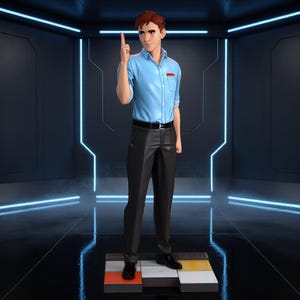Op de afbeelding: Een gestileerd figuur met kort bruin haar, gekleed in een lichtblauw overhemd met een rood zakdetail, een zwarte riem en een donkergrijze broek. Het figuur staat op een vierkant platform met oranje, witte en grijze tegels.