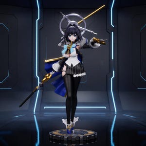 May include: A detailed anime-style figurine of a character with dark hair, wearing a white and black outfit with a blue cape, holding a long spear-like weapon. The figure features a silver halo-like headpiece and stands on a circular gear-shaped base.