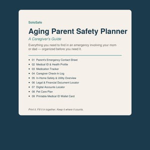 May include: A cream-coloured document titled SoloSafe Aging Parent Safety Planner, A Caregiver's Guide. It lists nine sections including emergency contacts, medical profiles, medication trackers, and legal document locators on a dark blue background.