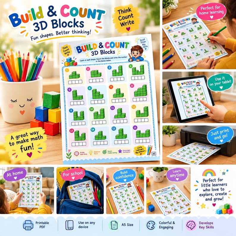 3D Blocks Counting Worksheet for Kids - Etsy