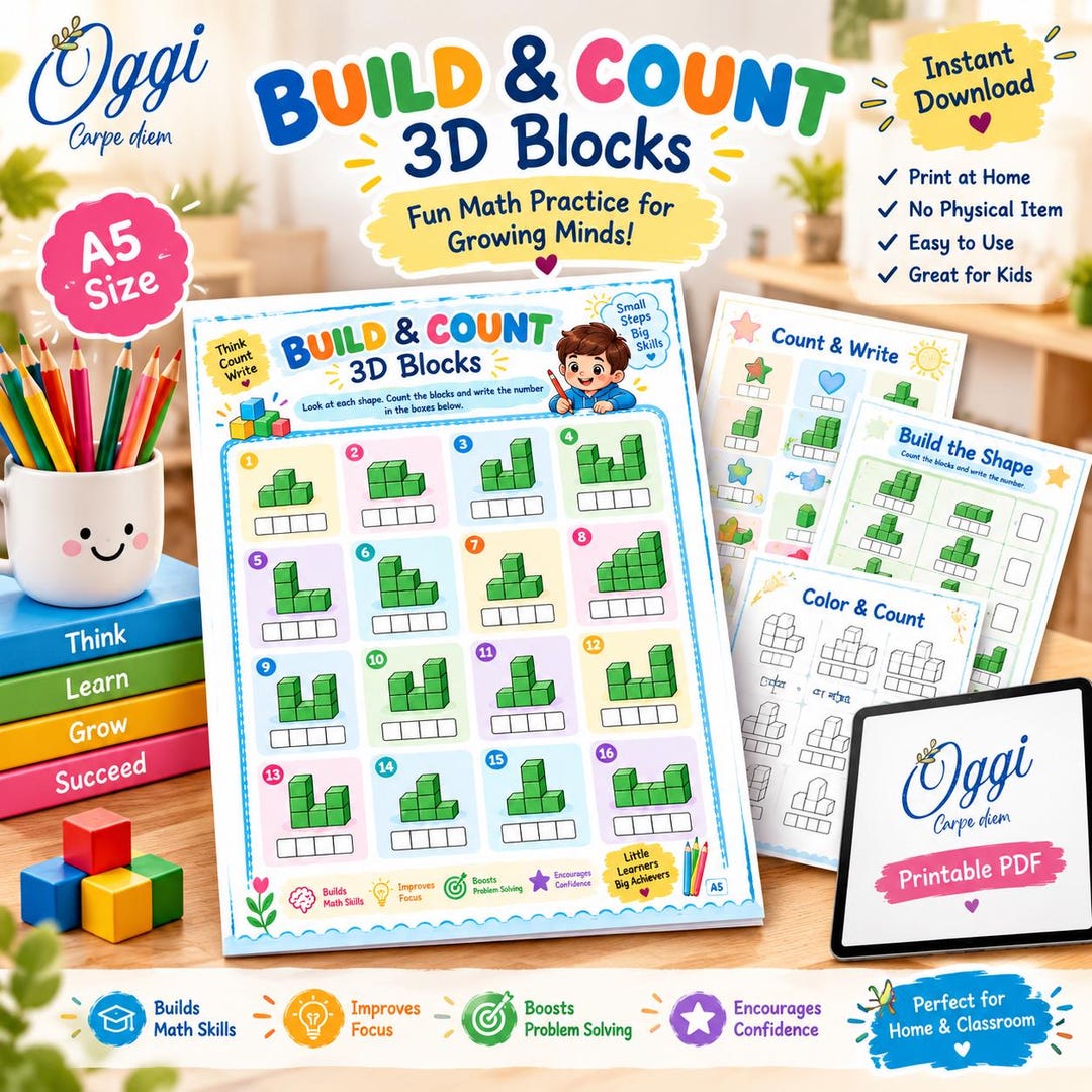 3D Blocks Counting Worksheet for Kids - Etsy