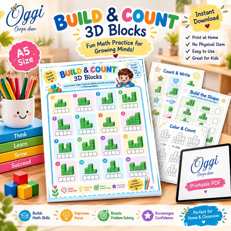 3D Blocks Counting Worksheet for Kids - Etsy