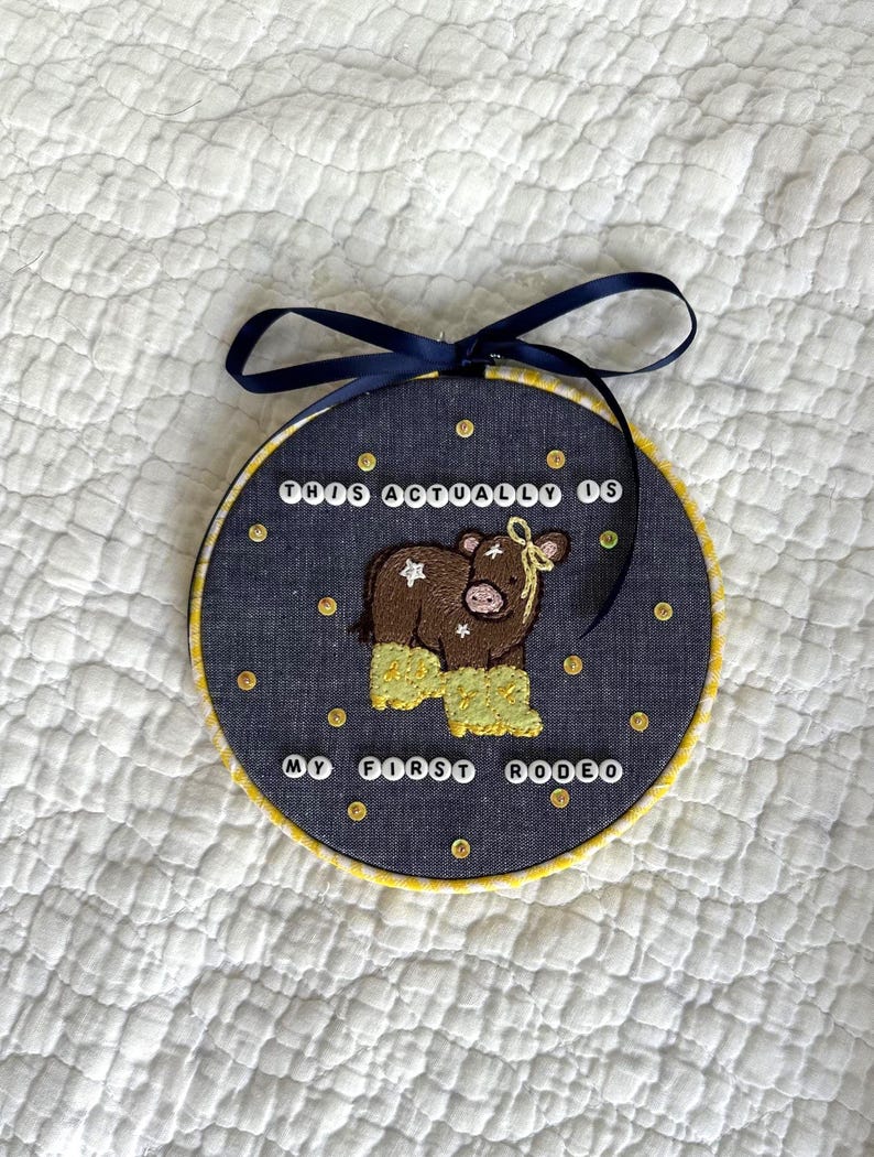 This Actually Is My First Rodeo Embroidery Hoop | Whimsical Cow Wall Art image 2
