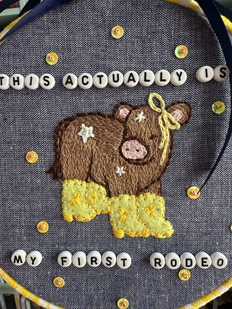 This Actually Is My First Rodeo Embroidery Hoop | Whimsical Cow Wall Art image 5