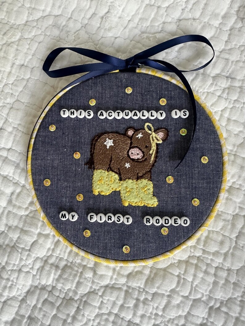 This Actually Is My First Rodeo Embroidery Hoop | Whimsical Cow Wall Art image 3