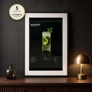 Peut inclure: Une affiche encadrée présentant la recette du cocktail Mojito. L'image centrale montre un grand verre rempli de glace, de tranches de citron vert et de feuilles de menthe. Sous l'image, du texte liste les ingrédients, la méthode et les détails.