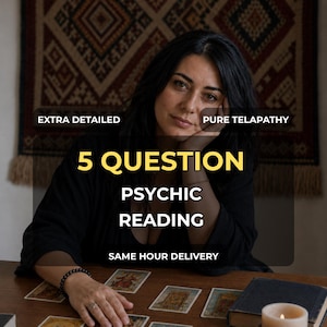 May include: A person with dark hair wearing a black top sits at a wooden table with tarot cards, a book, and a candle. Text overlays read: EXTRA DETAILED, PURE TELAPATHY, 5 QUESTION PSYCHIC READING, and SAME HOUR DELIVERY. A patterned tapestry hangs behind.
