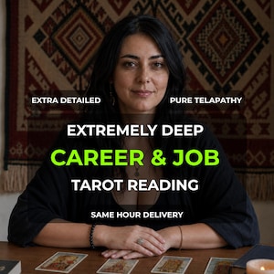 May include: A tarot reading service advertisement featuring the text: EXTRA DETAILED, PURE TELAPATHY, EXTREMELY DEEP CAREER & JOB TAROT READING, SAME HOUR DELIVERY. The image displays a person with dark hair wearing a black top, with tarot cards laid out.