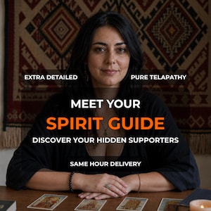 May include: A person with dark hair wearing a black top sits at a wooden table with tarot cards. Text overlays read: EXTRA DETAILED, PURE TELAPATHY, MEET YOUR SPIRIT GUIDE, DISCOVER YOUR HIDDEN SUPPORTERS, and SAME HOUR DELIVERY.