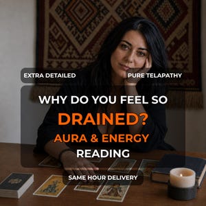 May include: A person with dark hair wearing a black top, positioned behind a wooden table with tarot cards, a book, and a candle. Text overlays read: EXTRA DETAILED, PURE TELAPATHY, WHY DO YOU FEEL SO DRAINED? AURA & ENERGY READING, SAME HOUR DELIVERY.