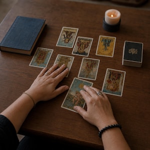 Close up of a tarot reading in progress, hands resting over a spread of vintage tarot cards on a wooden table with a lit candle, honest intuitive psychic guidance written for you