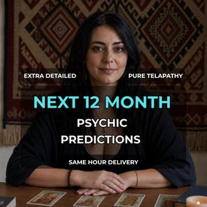 May include: A person with dark hair wearing a black top sits at a wooden table with tarot cards. Text overlay reads: EXTRA DETAILED, PURE TELAPATHY, NEXT 12 MONTH PSYCHIC PREDICTIONS, SAME HOUR DELIVERY. The person wears a beaded bracelet and a ring.